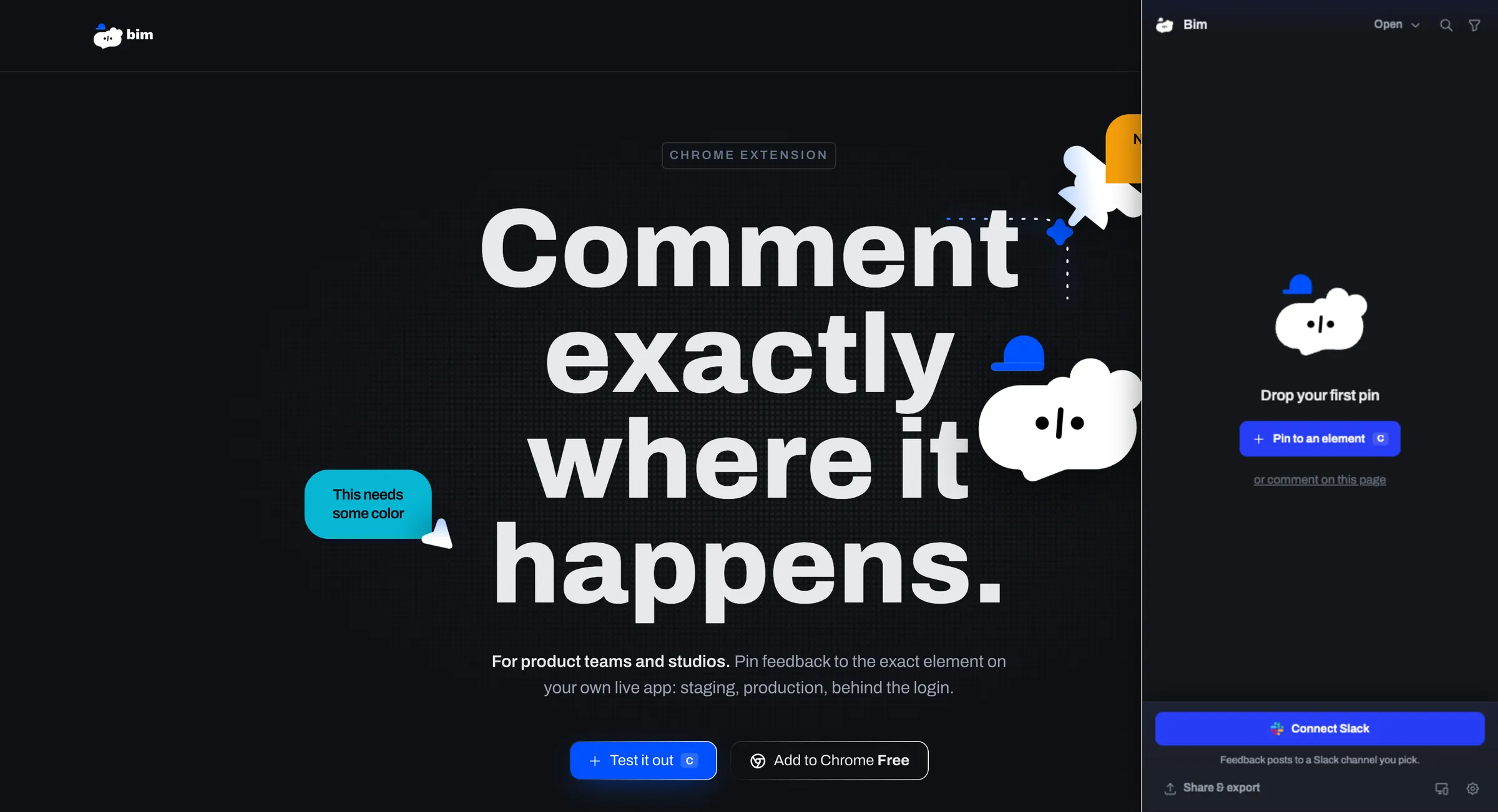 Bim's review panel open next to the Bim landing page, on its empty state: Drop your first pin, Pin to an element, and a Connect Slack button in the footer