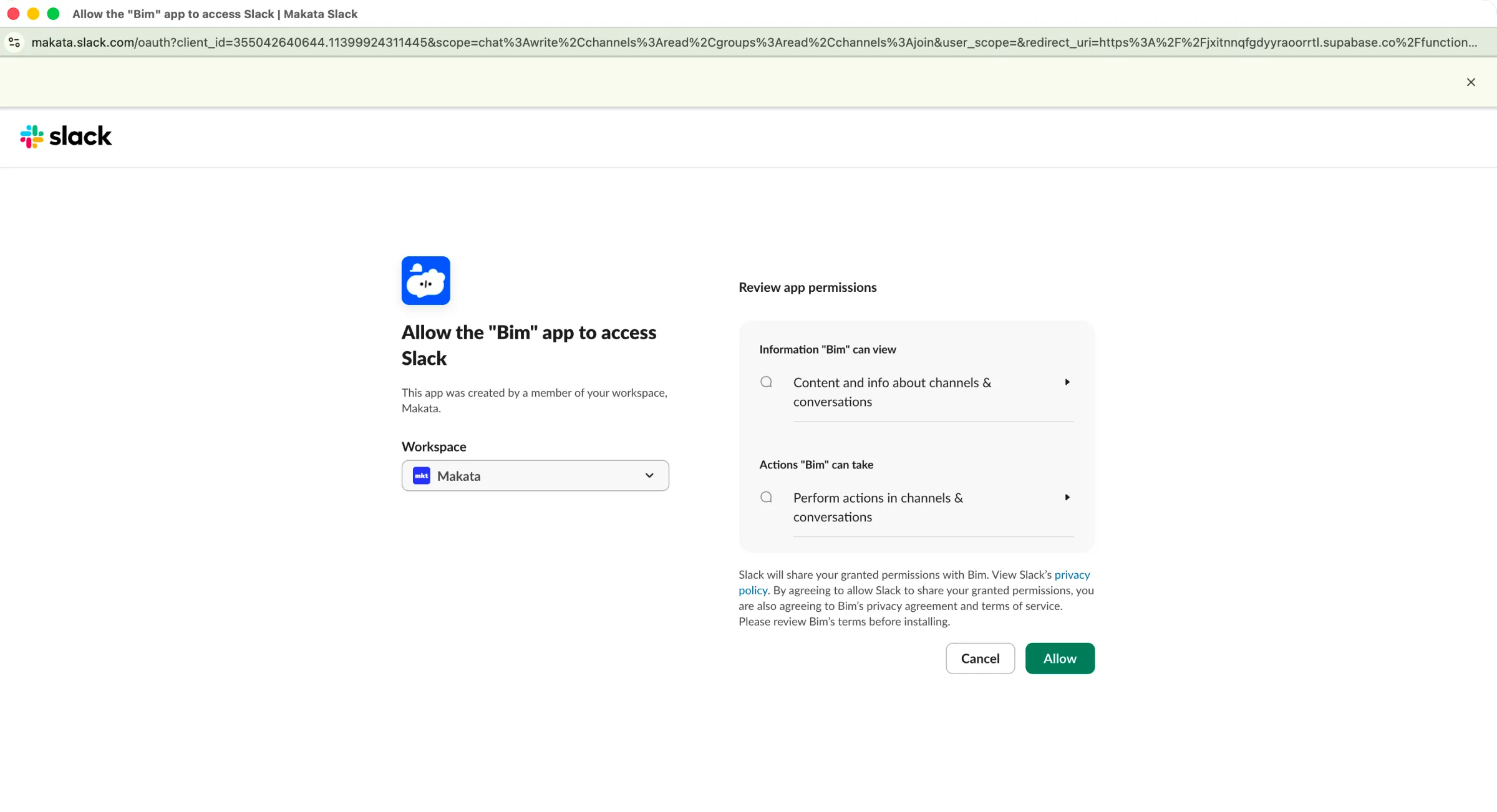 Slack's permission screen asking to allow the Bim app access to the Makata workspace
