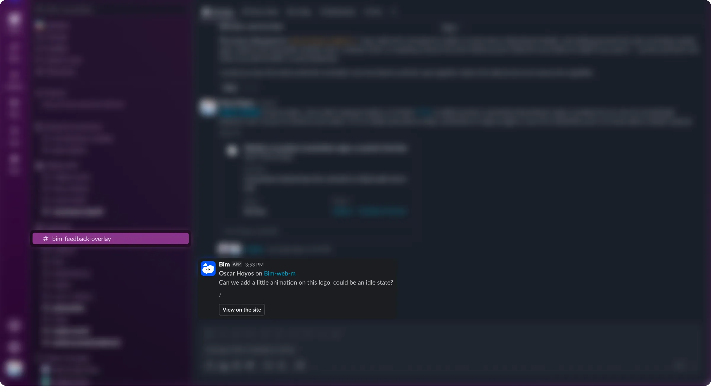 The comment posted into the bim-feedback-overlay Slack channel with a View on the site button