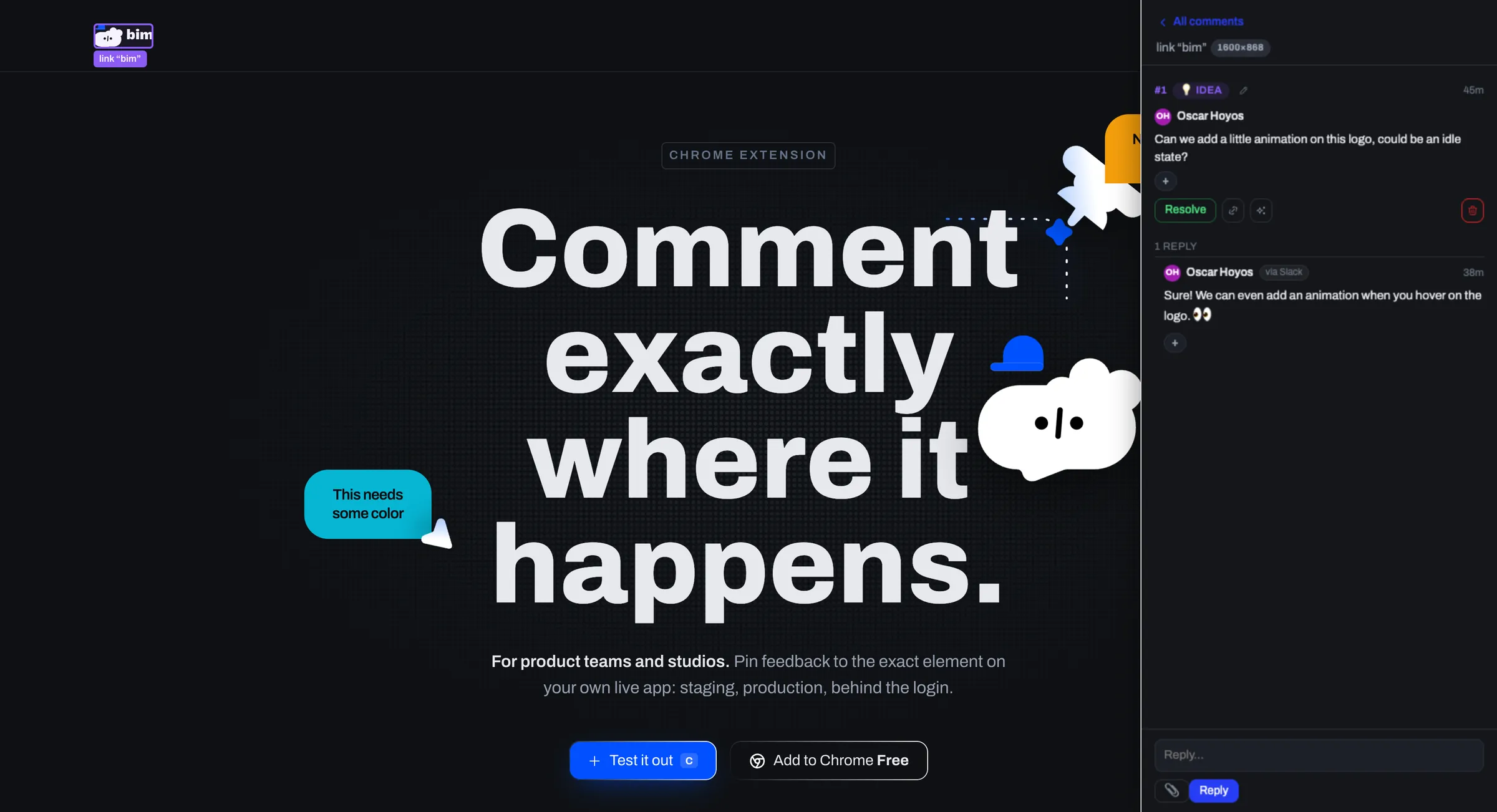 The Slack reply shown back on the pin's thread in the panel, tagged via Slack, next to the Resolve button